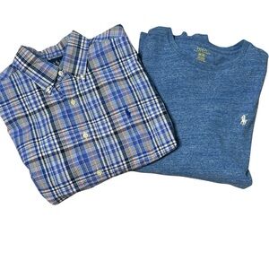 Ralph Lauren Lot 2 shirts Polo Blue Plaid Short Sleeve & Long Sleeve T Shirt Med